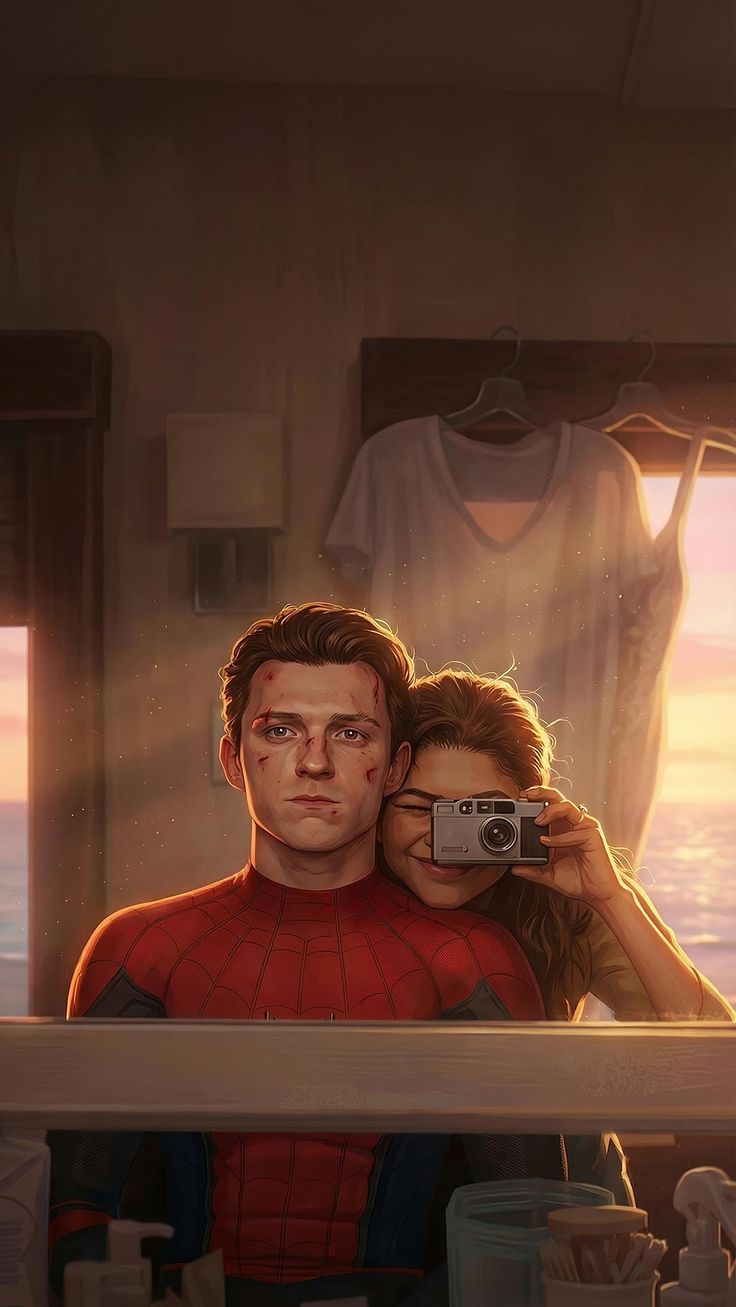Peter & MJ — Golden Hour Mirror Selfie Poster