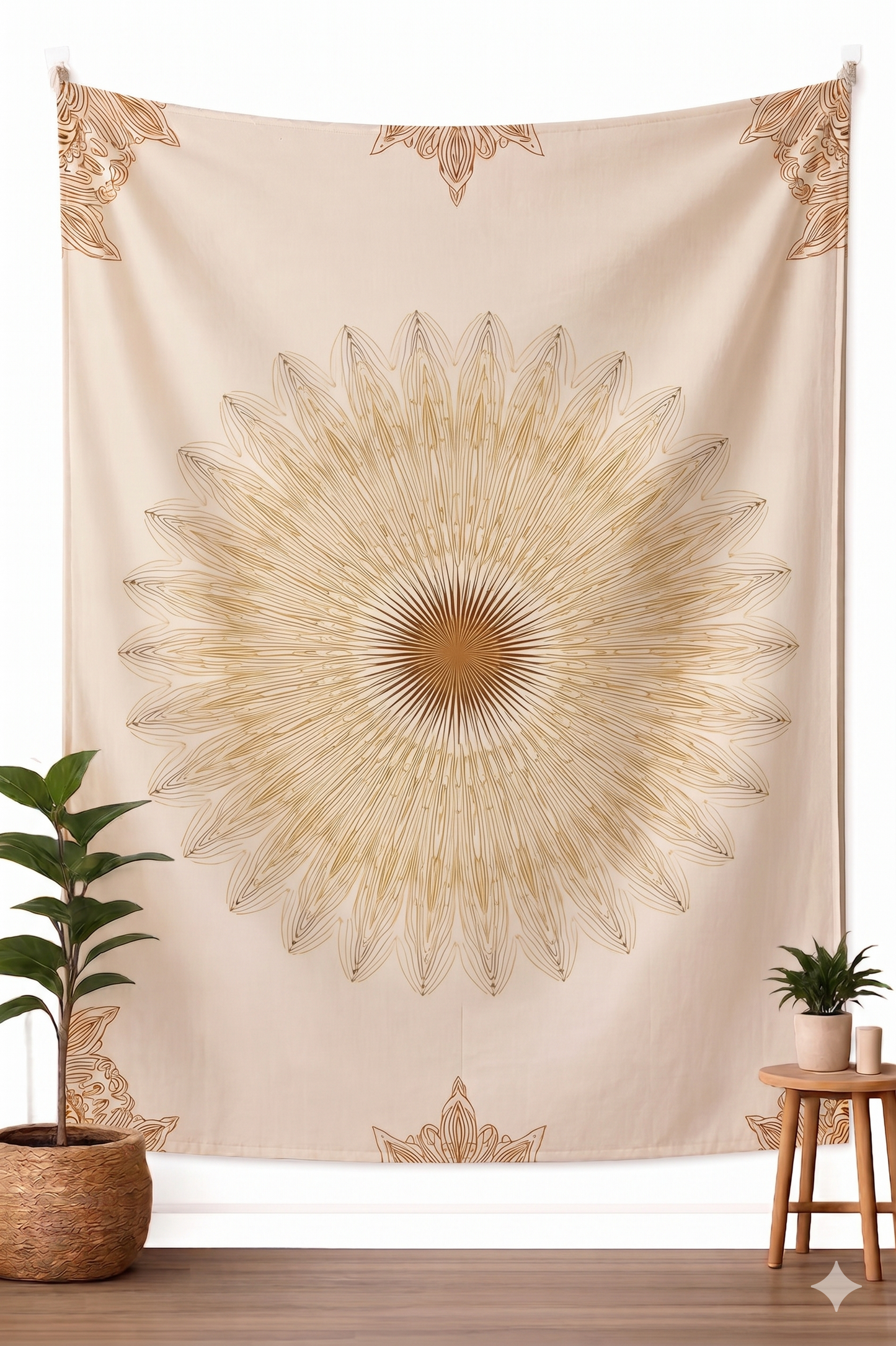 Golden Sunburst Mandala Tapestry