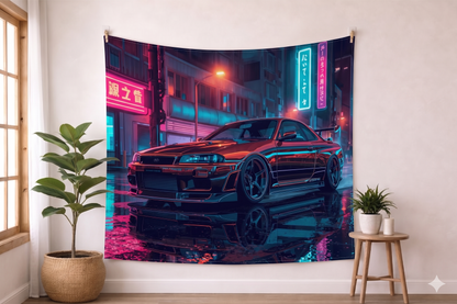 Tokyo Neon Night Car Tapestry