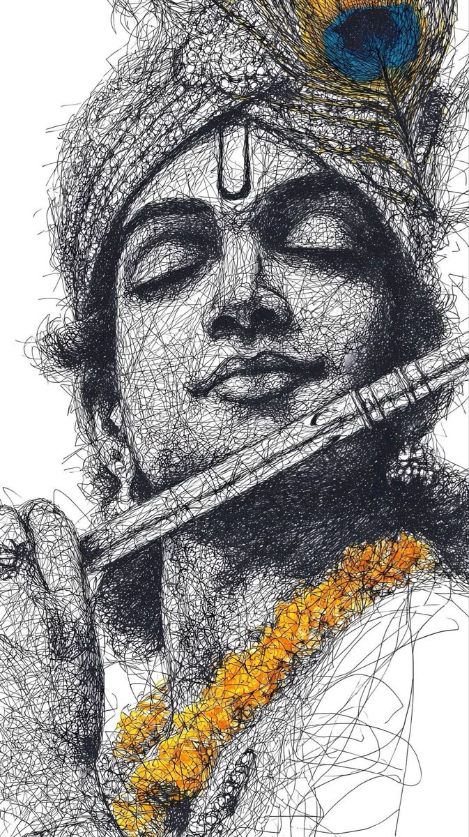 Shri Krishna — Bansuri Pencil Scribble Art Poster