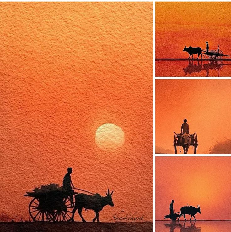 Sunset Village — Bullock Cart Silhouette Collage Poster